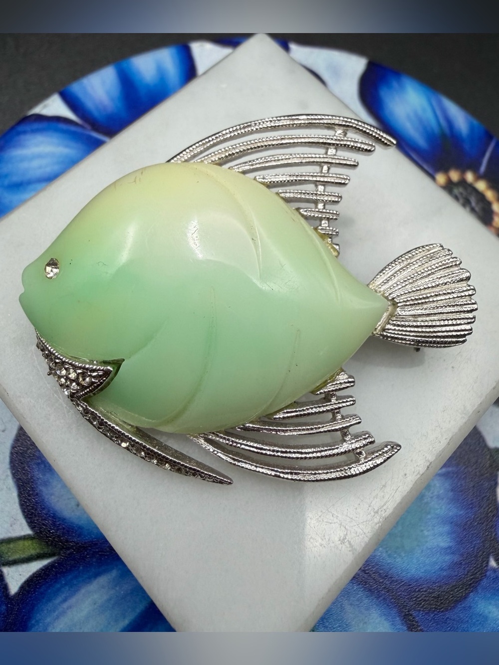 Vintage 1970s signed Hattie Carnegie fish brooch #819 green silver tone